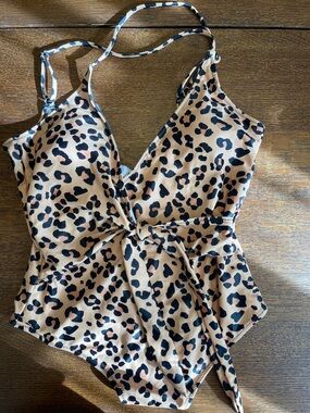 Leopard Print Tie-Waist One-Piece Swimsuit - Beige Orange/Black
